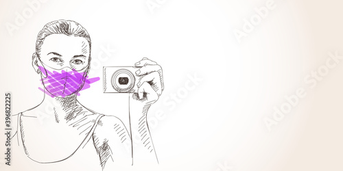 Young woman in face mask for coronavirus prevention taking photo with compact camera, looking straight portrait, Covid-19 pandemic quarantine Hand drawn illustration, Vector sketch banner template