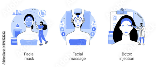 Professional skincare abstract concept vector illustration set. Facial mask and massage, beauty injection, face and neck lifting, skin beauty, cosmetology clinic, anti-age treatment abstract metaphor.