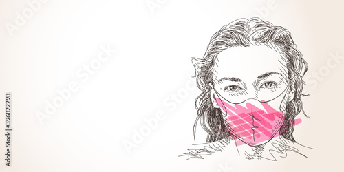 Girl in pink face mask for coronavirus prevention, looking straight portrait, Covid 19 quarantine new normal, Hand drawn illustration, Vector sketch banner template