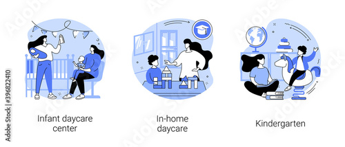Childcare services abstract concept vector illustration set. Infant daycare center, in-home daycare, kindergarten, early kid development, nursery home, toddler early education abstract metaphor.