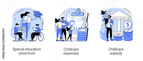 Daycare financial help abstract concept vector illustration set. Special education preschool, childcare expenses and subsidy, inclusive kindergarten, children with disabilities abstract metaphor.