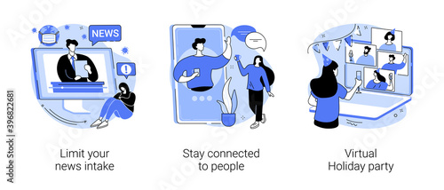 Quarantine lifestyle abstract concept vector illustration set. Limit your news intake, stay connected to people, virtual Holiday party, friends meetup, online communication, anxiety abstract metaphor.