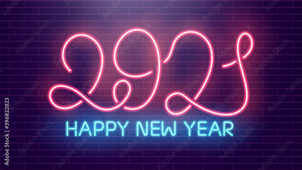 2021 Happy New Year neon lamps on brick wall. Pink neon on blue brick background. New Year holiday lettering. Vector illustration. 2021 Happy New Year neon lamps on brick wall. Pink neon on blue brick background. New Year holiday lettering. Vector illustration.