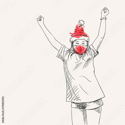 Christmas at Coronavirus illustration. Dancing preteen girl in red face mask and santa hat, Happy celebrating Christmas and New Year, Covid quarantine hand drawn people new normal, Vector sketch