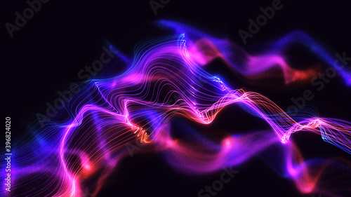 Bright glowing dynamic waves background illustration artwork. Multi-coloured line particles with beautiful bokeh effect. Digital 3d concept art