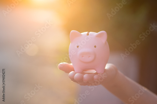 Hand puting coins Pig piggy bank and coin stack on nature background
