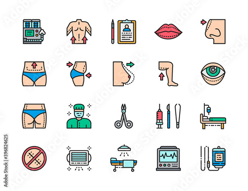 Set of Plastic Surgery Color Line Icons. Surgeon, Liposuction, Rhinoplasty.