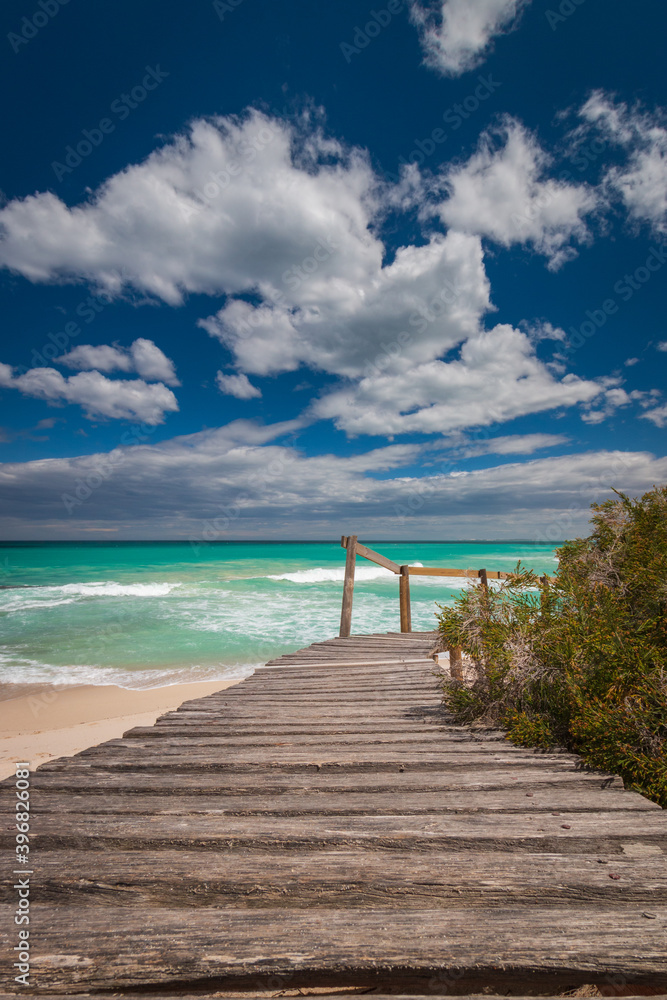 Wooden footpath leading to beach at De Hoop nature Reserve, South Africa.