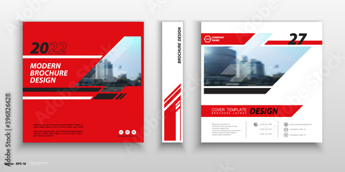 Business cover design, construction. Abstract brochure template. City. Title page set. Red geometric design, figures, square, booklet, layout. Modern, logo, icon. Annual report, title. Ad text, font