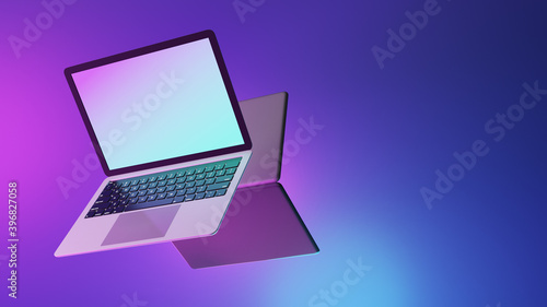 Two Laptop computers show blank screen with pink purple and blue light background. 3D Illustration image