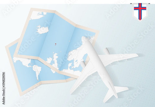 Travel to Faroe Islands, top view airplane with map and flag of Faroe Islands.