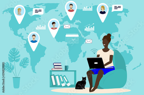 People from all over the world work together on a computer using the Internet. Conduct video conferencing, meetings, work from home, anywhere. Vector illustration
