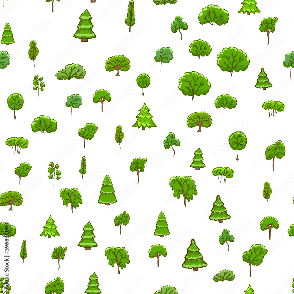 Seamless pattern, hand drawn doodle trees. Summer, bright green foliage. Seamless pattern, hand drawn doodle trees. Summer, bright green foliage.