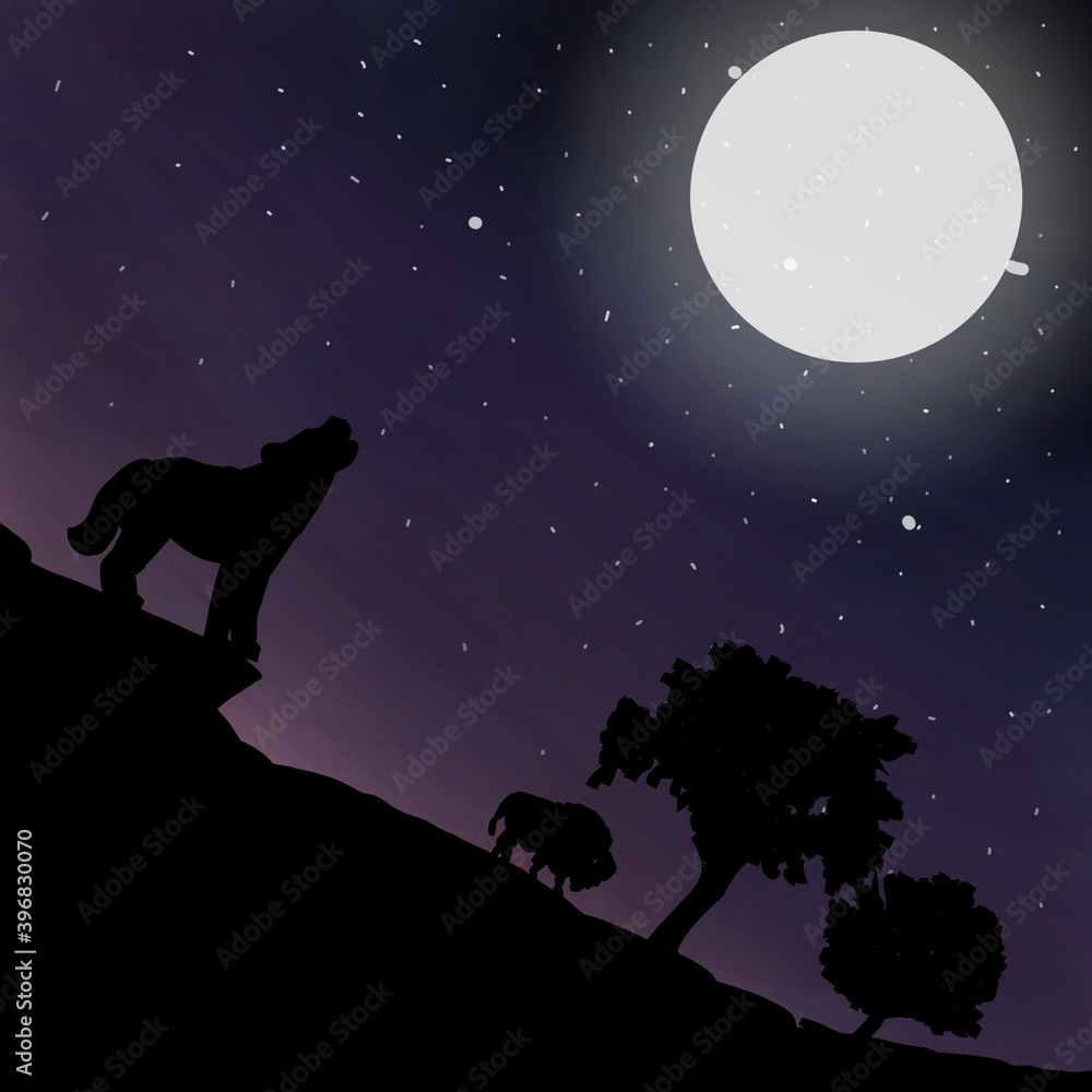 Obraz premium silhouette of tiger trees and hill on midnight on moon light.