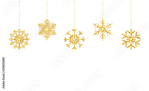 Glitter gold hanging snowflakes on white background. Happy New Year border. Luxury greeting card. Christmas golden decoration garland. Holiday party design elements. Vector illustration