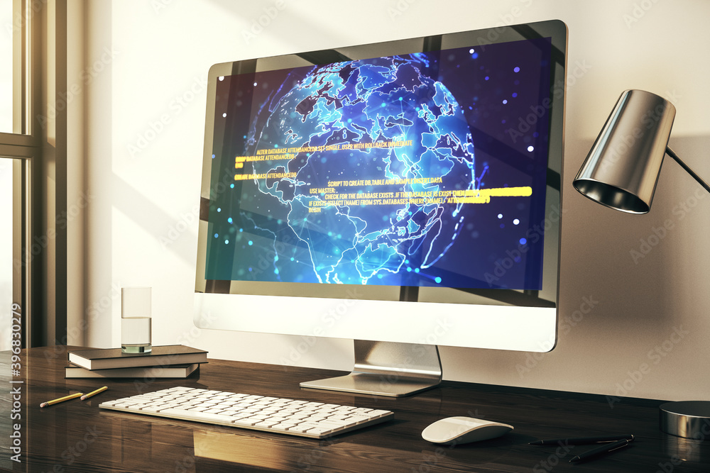 Modern computer monitor with abstract programming language with world map, research and development concept. 3D Rendering Modern computer monitor with abstract programming language with world map, research and development concept. 3D Rendering