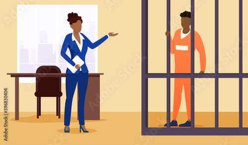 Lawyer and prisoner in court. Cartoon suspect, convicted person in cage. Advocate, barrister protecting client in courtroom. Prosecutor presenting evidence, proofs document. Vector illustration