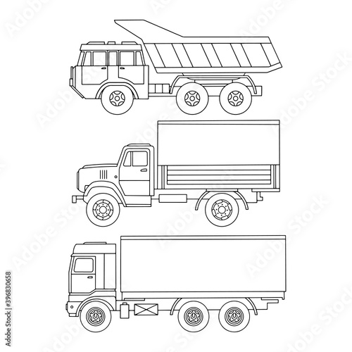 Trucks outline set. For coloring books. Vector illustration.