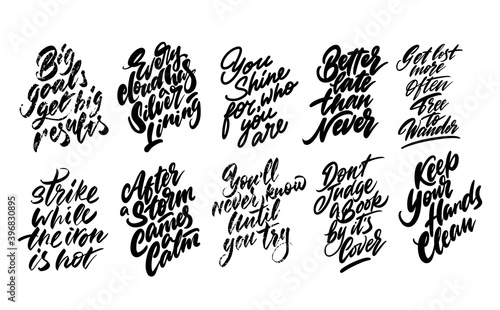 Set of Proverbs for printing. Handwritten font Vector illustration