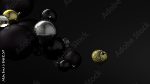 New Year's golden ball over the background of black balls.
