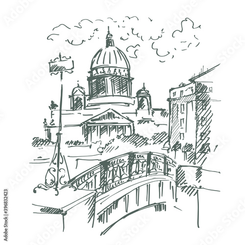 Hand drawn St. Isaac's Cathedral across Moyka river, Saint-petersburg, Russia. Vector illustration. Sketch.