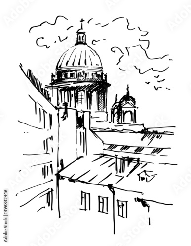 Hand drawn St. Isaac's Cathedral, Saint-petersburg, Russia. Vector illustration. Sketch.