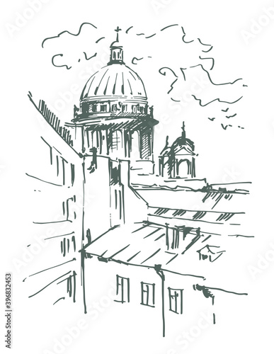 Hand drawn St. Isaac's Cathedral with roofs, Saint-petersburg, Russia. Vector illustration. Sketch.