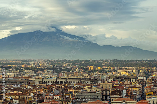 View on the city of Catania and volcano Etna in Sicily, Italy