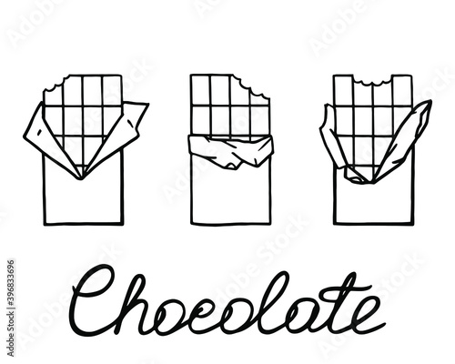 Set of hand drawn three bitten chocolate bars in a wrapper with an inscription. Black outlines isolated on white background. Vector illustration for posters, decor, menus, postcards