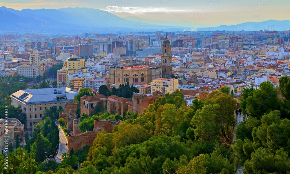 beautiful panorama of the city of Malaga, Spain, seen from the top of the Gibralfaro castle