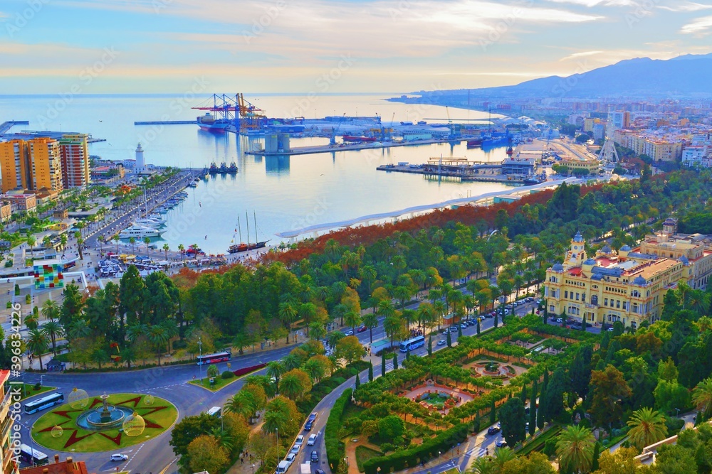 beautiful panorama of the city of Malaga, Spain, of the port area seen from the top of the Gibralfaro castle
