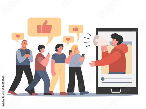 Influencer in Smartphone holding megaphone and speak with follower group who like and love him. Concept Illustration about personal marketing online with social media.