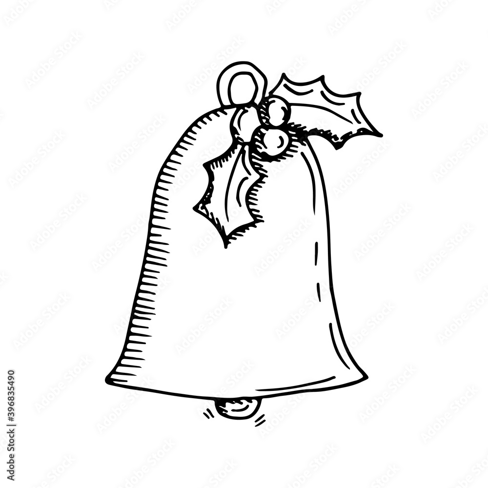 Ring bell with european holly plant ilex aquifolium for merry Christmas celebrating. black Vector sketch hand drawn illustration isolated on white. New year 2021 symbol, holy night, decoration. Ring bell with european holly plant ilex aquifolium for merry Christmas celebrating. black Vector sketch hand drawn illustration isolated on white. New year 2021 symbol, holy night, decoration.
