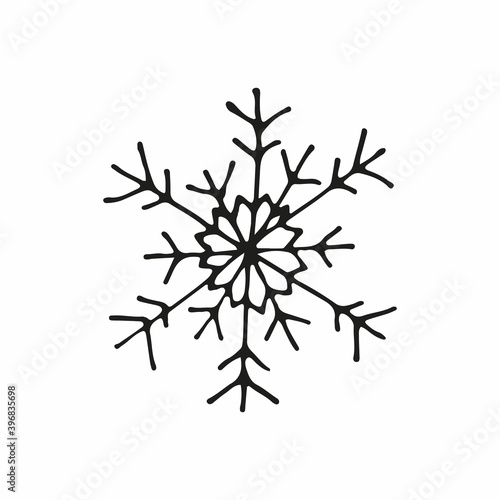 Snowflake design isolated on white background. Hand drawn vector illustration in sketch doodle style. Merry christmas, happy new year. Celebration for winter holidays, design, decoration.