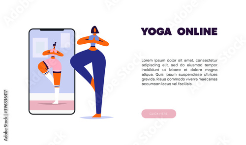 Yoga Online Class concept illustration. The girl repeats the movements from yoga for the instructor who conducts classes online. Online meditation.