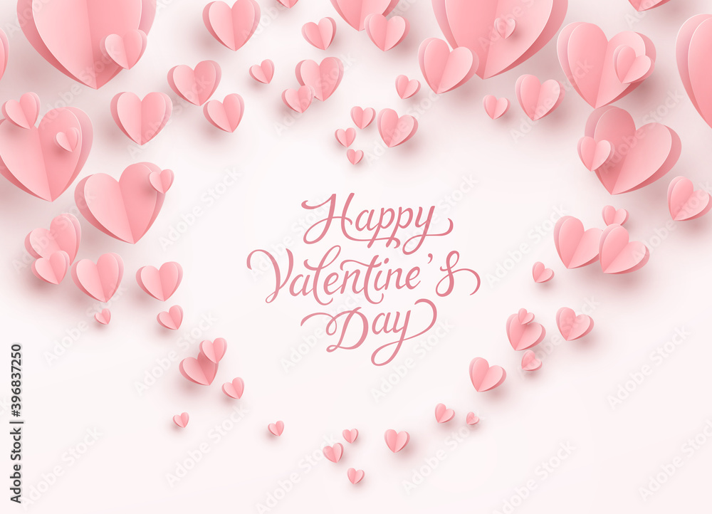 Valentine's Day greeting card with paper flying hearts on pink background. Vector symbols of love postcard or romantic banner