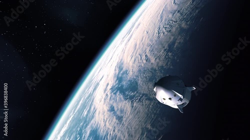 Commercial spaceship flight from Earth to international space station. 3D Animation. UHD. 4K. 3840x2160. photo
