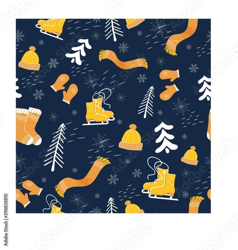 Bright Christmas winter hygge seamless pattern on dark blue background, cozy elements, ornamental objects. Seasonal design, trendy, fashion.