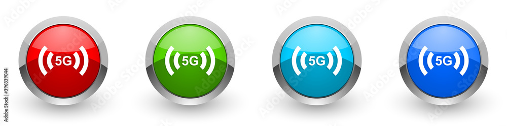 Obraz premium 5G internet wireless communication, network silver metallic glossy icons, set of modern design buttons for web, internet and mobile applications in four colors options isolated on white background