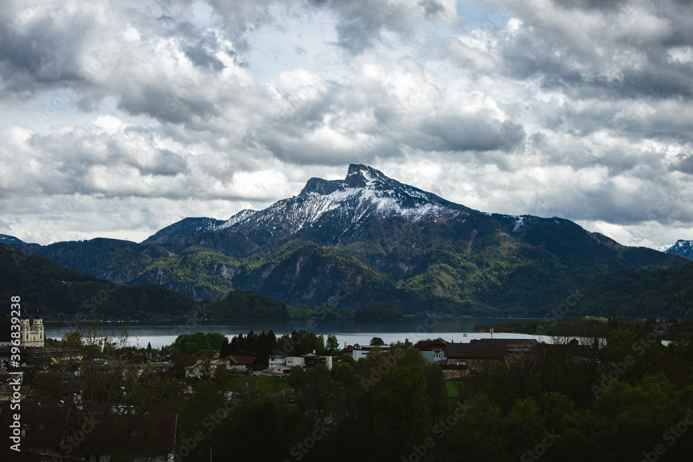 Mondsee in Upperaustria with the Schafberg mountain and Mondsee lake