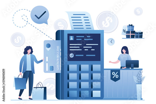 POS terminal, info on screen. Woman shopper pays for purchases by credit card. Counter in store and woman salesman. System of secure cashless payments,