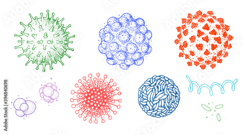 Different kinds of virus, sketch collection. Hand drawn illustration, vintage engraved style. Respiratory virus infection. Corona virus. Coronavirus 2019-nCoV and other viruses. Macro drawing.