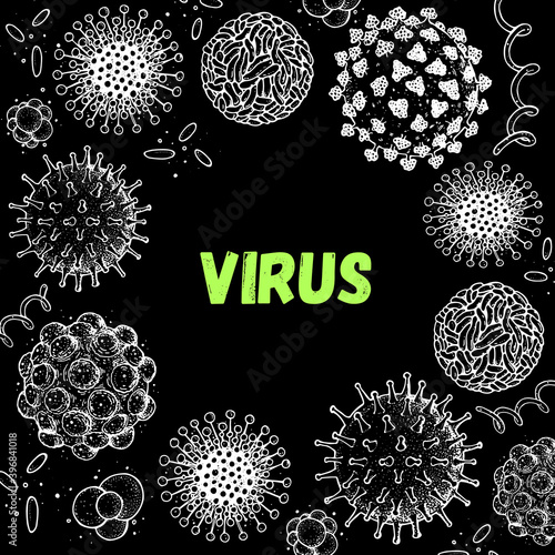 Different kinds of virus, sketch collection. Hand drawn illustration, vintage engraved style. Respiratory virus infection. Corona virus. Coronavirus 2019-nCoV and other viruses. Macro drawing.