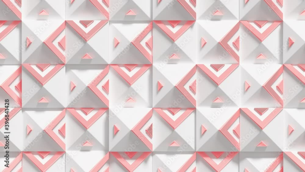 Abstract Decorative Pattern Loop 1 Red x White: motion grid of square pyramids with sculpted triangle shapes, in bright matte white and vibrant red. Beautiful background. Abstract Decorative Pattern Loop 1 Red x White: motion grid of square pyramids with sculpted triangle shapes, in bright matte white and vibrant red. Beautiful background.