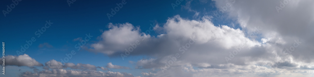 Blue sky with clouds in sunlight, wide cloudscape background panorama