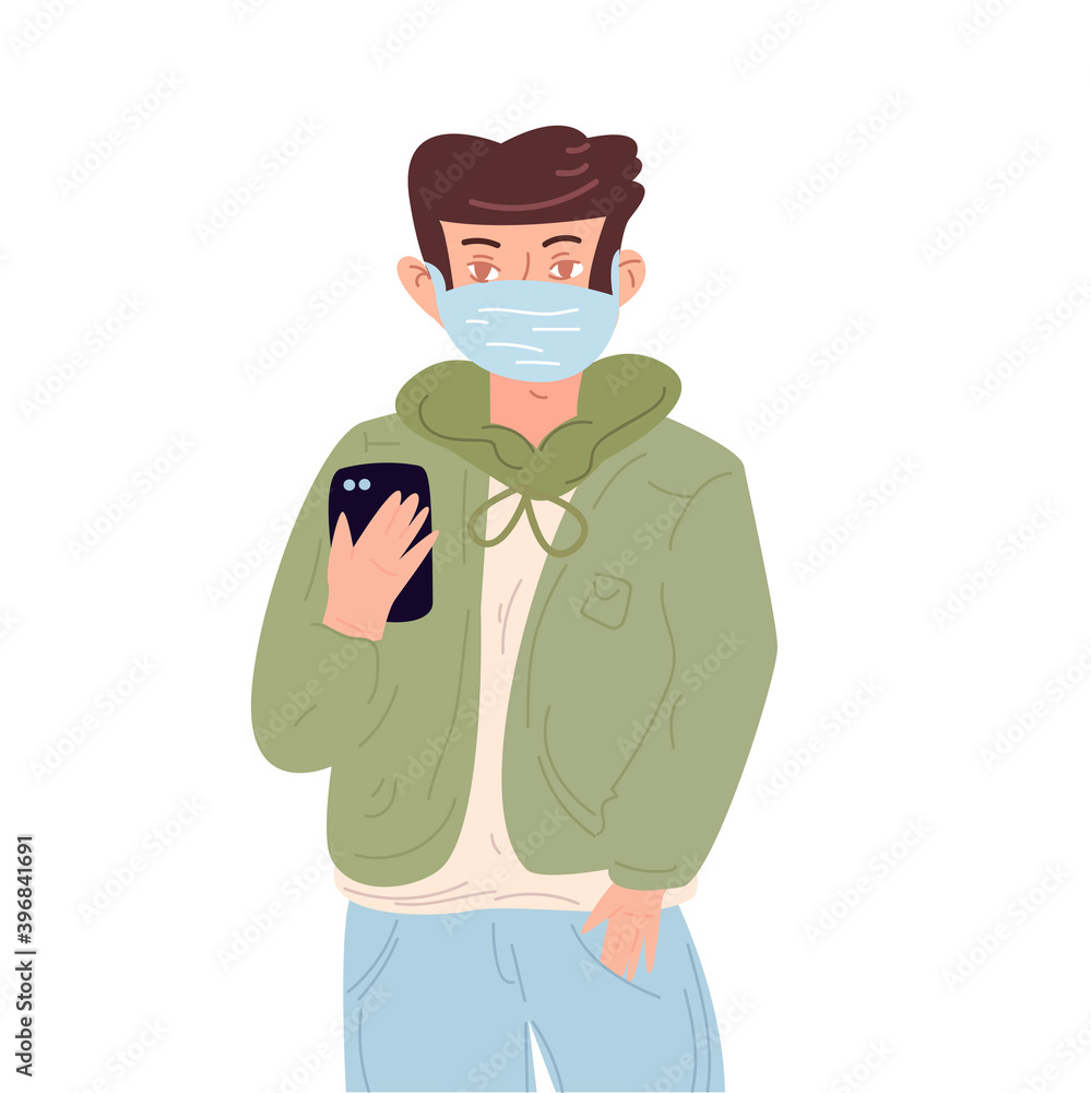 Handsome young man in medical face mask to protect others from virus spread. Season virus and quarantine. Vector illustration in modern flat style Handsome young man in medical face mask to protect others from virus spread. Season virus and quarantine. Vector illustration in modern flat style