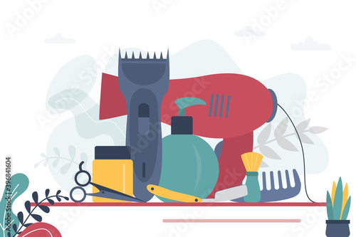 Set of various accessories for hair care. Different tools for styling hair. Equipment for cutting beard. Concept of hairdressing and barber service