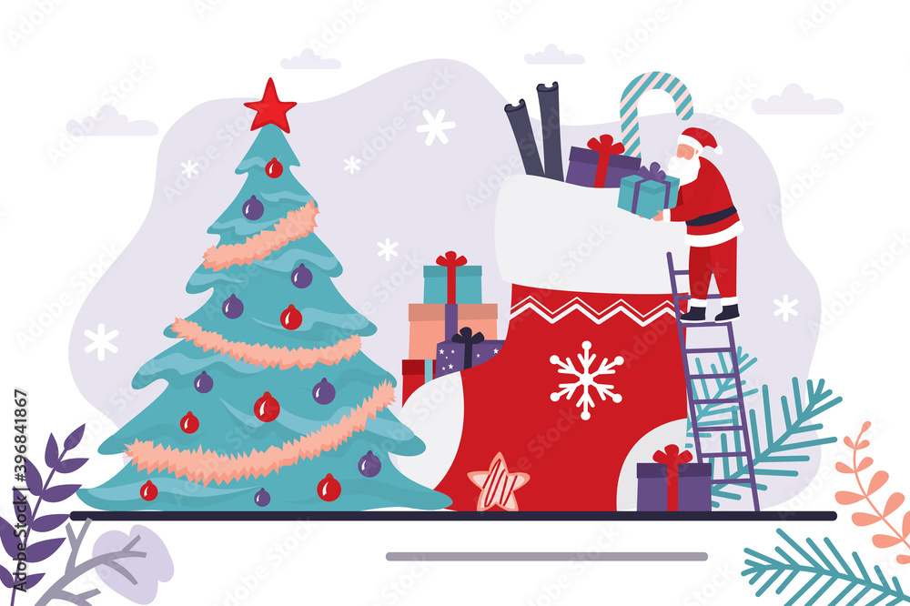 Santa Claus puts gifts in big red sock. Christmas and new year celebration, horizontal banner. Traditional christmas tree