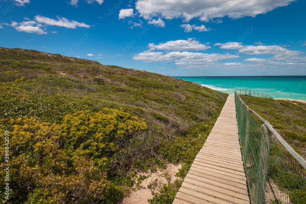 Wooden footpath leading to beach at De Hoop nature Reserve, South Africa.