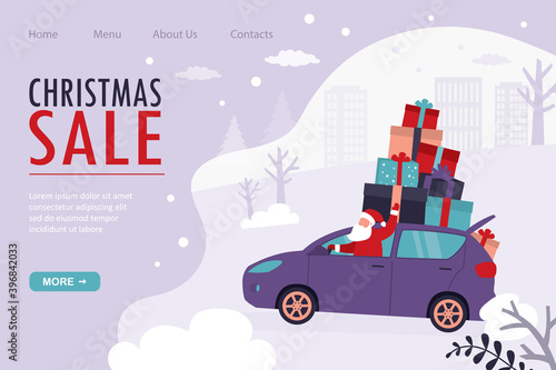 Christmas sale landing page template. Santa Claus delivers gifts on Christmas and New Year. Full machine presents and surprises